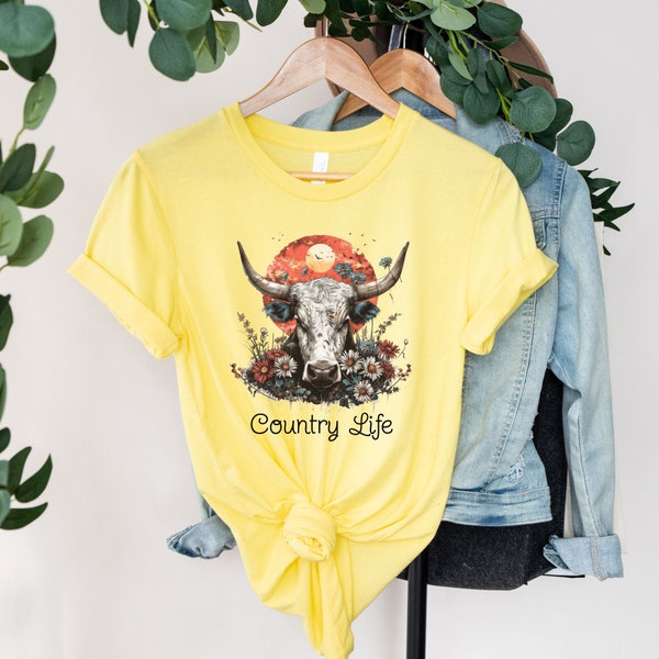 Longhorn Country Life Shirt, Western Wildflower Shirt, Boho Cow Southwest Tee, Cowgirl Shirt, Country Tshirt, Unisex Jersey Short Sleeve Tee