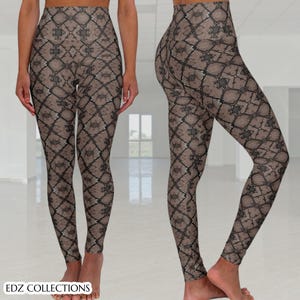 May include: High-waisted leggings with a snakeskin pattern in brown and black. The leggings have a diamond design and are made of a stretchy material. The brand name "EDZ COLLECTIONS" is visible at the bottom.