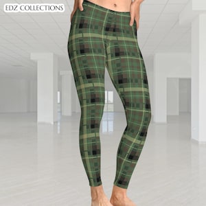 Hunter Green Camo Plaid Stretchy Leggings, Comfortable Workout Pants, Stylish Athleisure, Perfect for Fall and Winter, Holiday Gift Idea