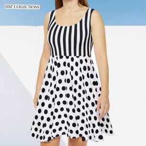 White & Black Polka Dot Stripes Women&#39;s Skater Dress, Summer Dress, Mixed Print Dress, Striped Dress, Polka Dot Dress