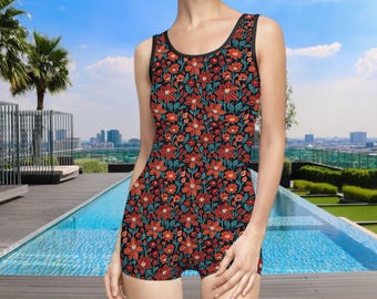 Vintage Red Floral Swimsuit: Retro One Piece Bathing Suit