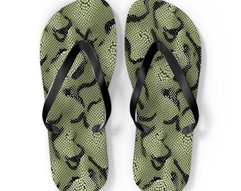 Venom Green Snakeskin Flip Flops: Summer Beach Sandals