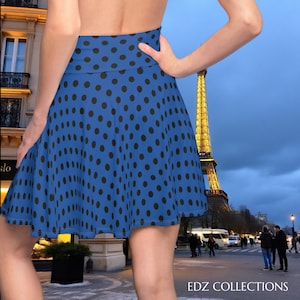 Blue & Black Polka Dot Women&#39;s Skater Skirt, Blue Summer Skirt, Casual Party Outfit, Retro Dark Blue Skirt, Festive Fashion Statement