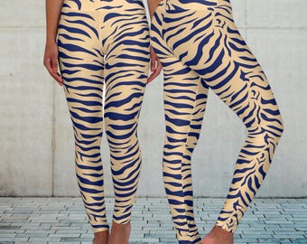 Niki Navy & Tan Tiger High Waisted Yoga Leggings, Animal Print Activewear, Tiger Stripe Leggings for Fitness, Workout, Dance, Yoga