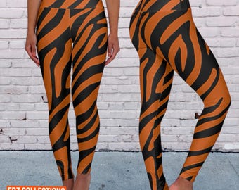 Orange & Black Tiger Print High-Waisted Leggings: Halloween Fitness Wear