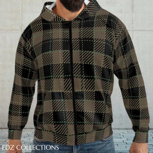 Army Green Rustic Plaid Unisex Zip Hoodie, Plaid Zip-Up Sweater for Fall, Warm Layer for Casual Outings, Green Plaid Sweatshirt