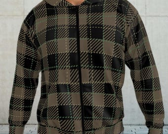 Army Green Plaid Zip Hoodie, Unisex Fall Sweater