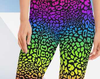 Rainbow Ombré Leopard Print Capri Leggings, Trendy Activewear