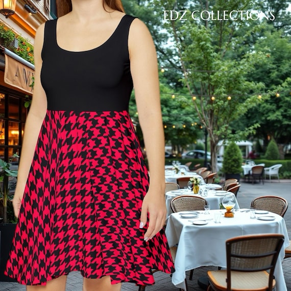 Hot Pink Houndstooth Skater Dress: Women's Fashion Outfit Hot Pink Houndstooth Skater Dress: Women's Fashion Outfit