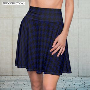 Dark Blue & Black Houndstooth Skater Skirt,Black and Blue Houndstooth Print, Fashionable Casual Wear, Perfect for Parties and Everyday