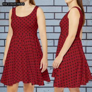 Red & Black Polka Dot Women&#39;s Skater Dress, Casual Summer Dress, Vintage Inspired Dress, Party Dress, Red Short Dress
