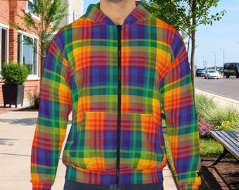Sudadera unisex con capucha y cremallera a cuadros arcoíris: prenda exterior de poliéster vibrante