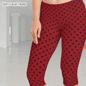 Black & Red Polka Dot Capri Leggings - Stylish Activewear for Comfort, Workout, Yoga, Casual Wear, Red Leggings