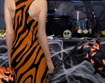 Vestido con espalda nadadora y estampado de tigre naranja y negro para fiesta de Halloween