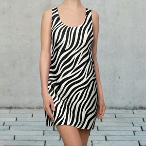 White & Black Zebra Print Racerback Dress, Bohemian Summer Dress, Party Outfit, Casual Wear, Trendy Clothing, Animal Print Dress