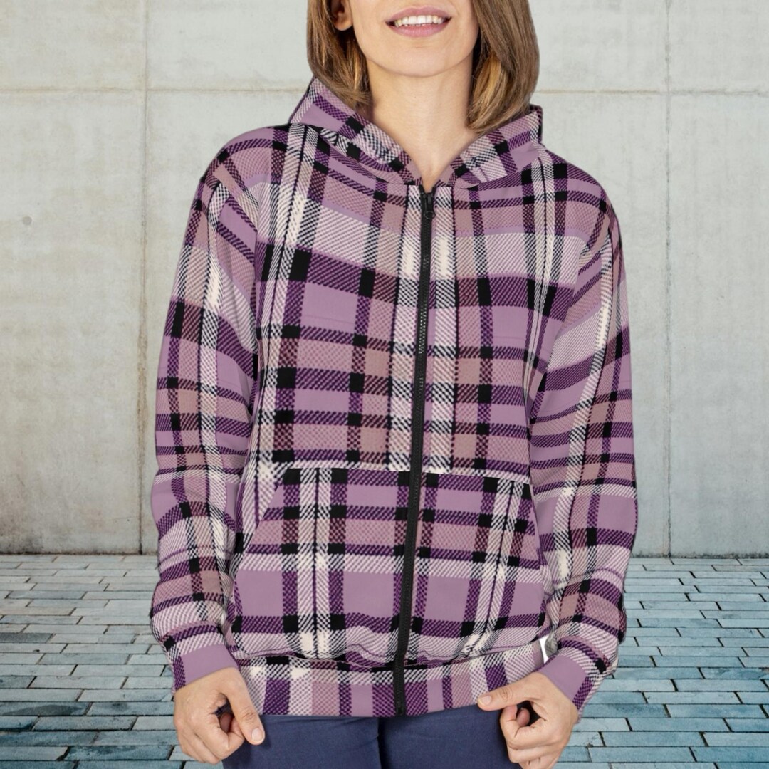 Purple Plaid Unisex Zip Hoodie, Tartan Print Outerwear - Etsy