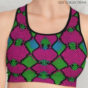 Sujetador deportivo con estampado de cebra neón para un estilo de vida activo y entrenamiento. Estampado animal, safari, ropa de fitness, top de yoga y artículos esenciales para el gimnasio.