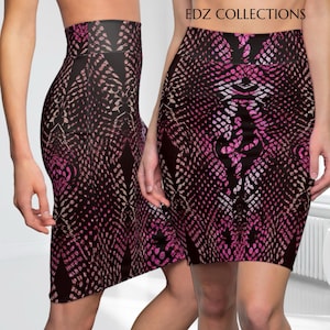 May include: Two high-waisted pencil skirts with a black and pink snake-skin pattern. The skirts have a fitted silhouette and reach the knees. The text "EDZ COLLECTIONS" is visible in the upper right corner.