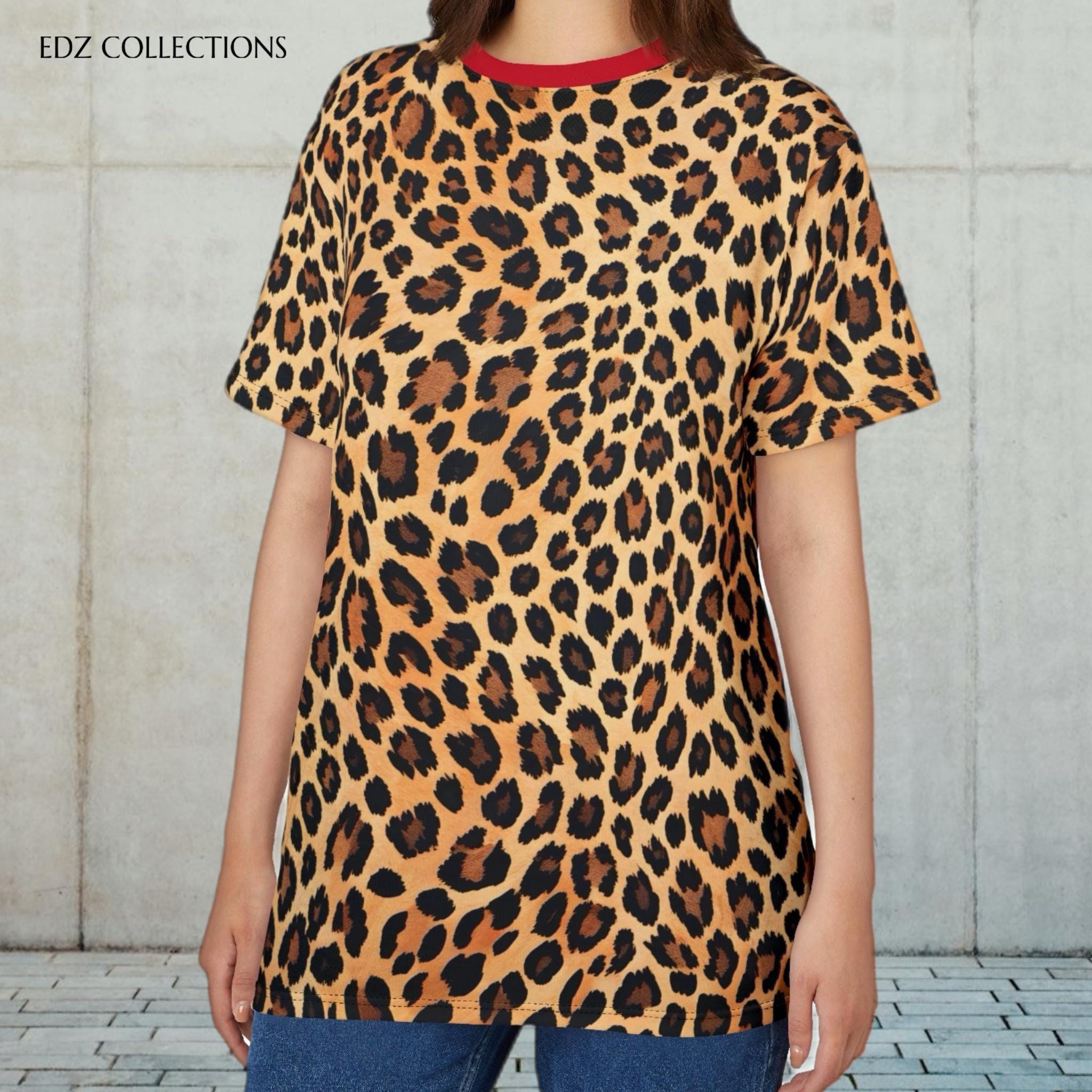 Y2K Leopard Print T-shirt: Red Collar, Bold Animal Print - Etsy