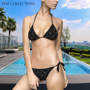 Blackout Diamond Plaid Gothic Monochrome Women&#39;s Bikini Swimsuit, Perfect for Beach Days, Pool Parties, Black Plaid Bikini