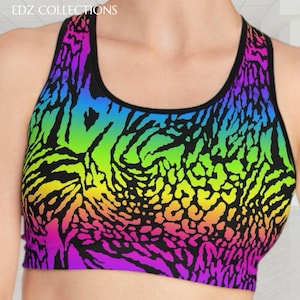 Vibrant Rainbow Tiger Print Sports Bra, Animal Print, Colorful Workout Top, Gym Wear, Fitness Apparel, Activewear, Pride Month Fashion