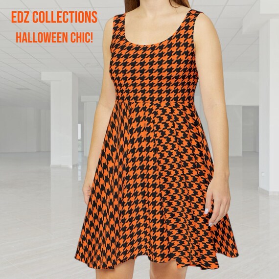houndstooth skater dress Orange & Black Houndstooth Skater Dress, Halloween Party Outfit