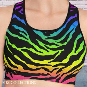 Colorful Rainbow Zebra Print Sports Bra | Trendy Workout Top, Activewear, Gym Bra, Fitness Apparel, Animal Print Colorful Athletic Wear