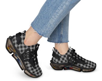 Black & Gray Tartan Plaid Athletic Sneakers, Women's Mesh Running Shoes