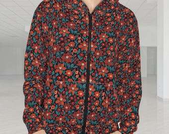 Vintage Red Floral Zip Hoodie, Unisex Polyester Print