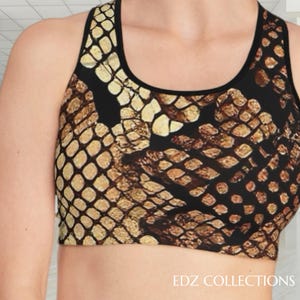 Sujetador deportivo con estampado animal de piel de serpiente y pitón de Nadia Brown, top deportivo, ropa deportiva, sujetador de gimnasio, ropa deportiva, lencería de moda