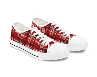 Sneakers basse a quadri rossi: scarpe casual in tela da donna