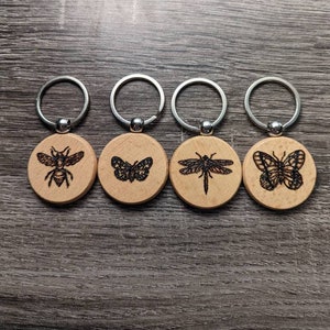 Wooden Keychains Pyrography Butterfly, Dragonfly, Honeybee, Insects, Wood Burning