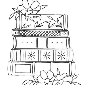 May include: A stack of five books with floral and leaf designs, and decorative elements. The books are topped and bottomed with floral arrangements. The image is a black and white line drawing.