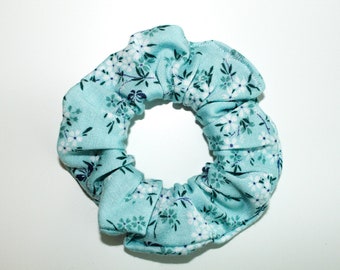 Turquoise Floral Scrunchie, flower scrunchie, white floral scrunchie, knit scrunchie, soft scrunchie, handmade, hair ties, soft hair tie