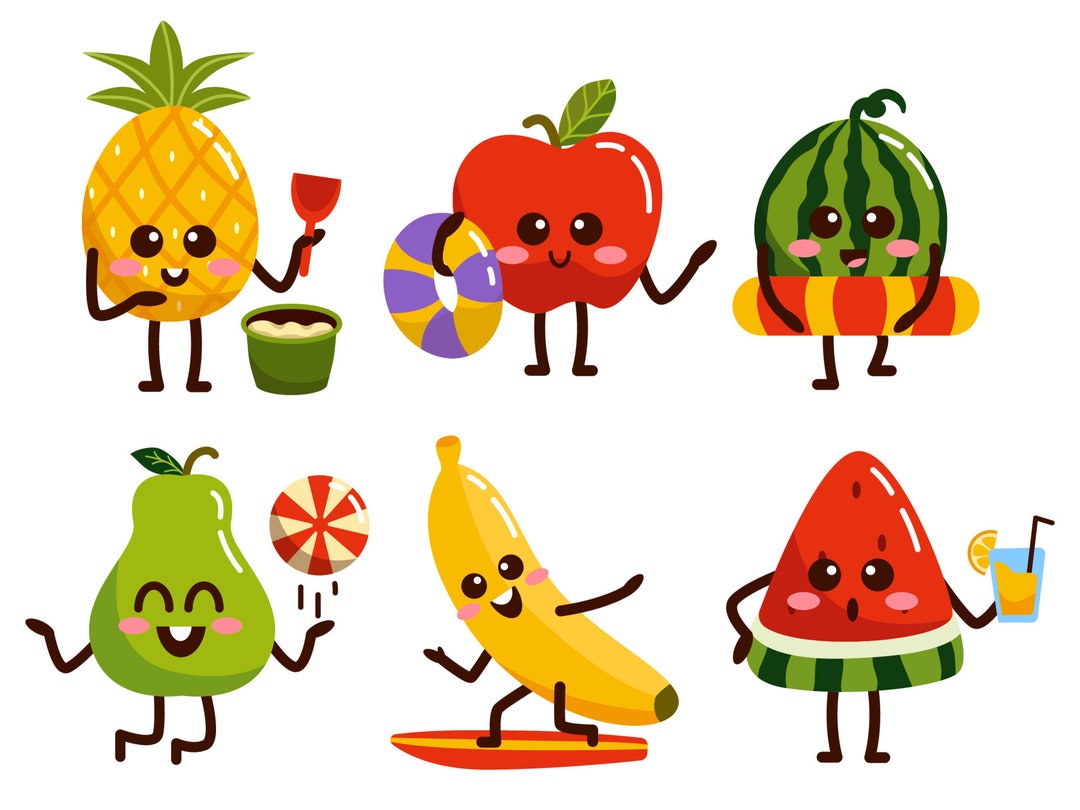 Cartoon Fruit Clipart Digital Download PNG JPG Smiley, Apple, Pear,  Watermelon - Etsy