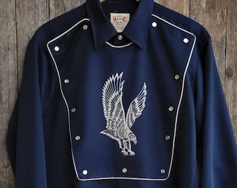 Vintage 1970s H Bar C California Ranchwear Flying Eagle Bib Western Shirt / Pearl Snaps / Made in USA / Polyester / Adult Size 16 Medium
