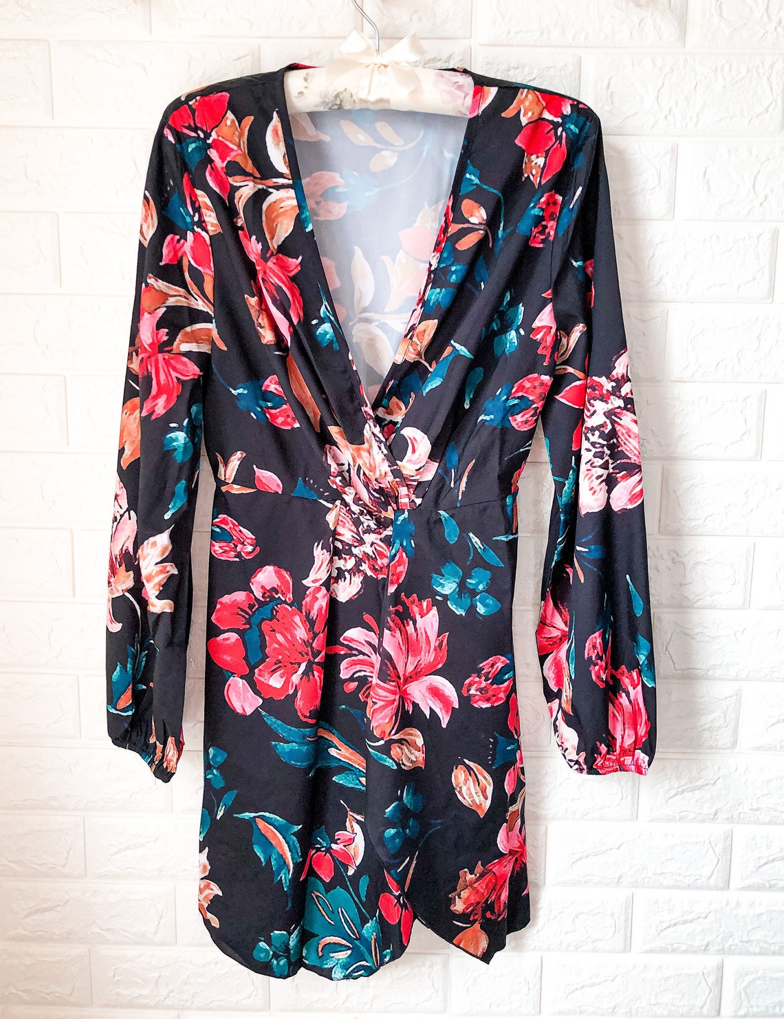 Floral Print Mini Front Wrap Dress Long Sleeve Dress | Etsy