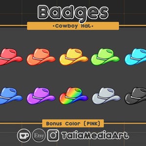 Puede incluir: Conjunto de 10 insignias de sombrero de vaquero de dibujos animados en varios colores, incluidos rojo, naranja, amarillo, verde, azul, morado, arcoíris, gris, negro y rosa. Las insignias están etiquetadas como "Badges - Cowboy Hat".