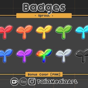 May include: A set of 9 digital badges featuring a cartoon sprout in various colors, including red, orange, yellow, green, blue, purple, rainbow, silver, and black. The text "Bonus Color (PINK)" is displayed below the badges.