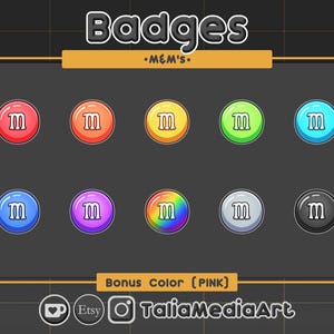 May include: A set of ten colorful badges featuring the letter "M" in a white circle, resembling the popular candy brand M&M's. The badges are arranged in two rows of five, with a variety of colors including red, orange, yellow, green, blue, light blue, purple, rainbow, silver, and black. The text "Bonus Color (PINK)" is displayed below the badges.
