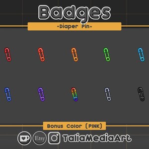Könnte beinhalten: Eine Sammlung bunter Windel-Anstecknadel-Abzeichen in verschiedenen Farben, darunter Rot, Orange, Grün und Blau, mit einer zusätzlichen rosa Farboption. Das Wort "Badges" steht oben, und "Diaper Pin" steht darunter.