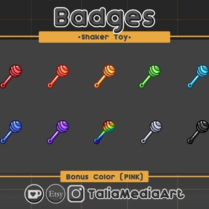 May include: A set of shaker toy badges in a range of colours: red, orange, yellow, green, blue, purple, rainbow, silver, and black. The word "Badges" is at the top, with "Shaker Toy" below it.