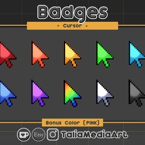 Könnte beinhalten: Ein Satz von 10 Pixel-Art-Cursor-Abzeichen in verschiedenen Farben, darunter Rot, Orange, Gelb, Grün, Blau, Lila, Regenbogen, Weiß, Grau und Schwarz. Die Abzeichen sind in einem Raster von zwei Reihen und fünf Spalten angeordnet. Der Text "Badges" befindet sich oben im Bild, und der Text "Cursor" darunter. Der Text "Bonus Color (PINK)" befindet sich unten im Bild.