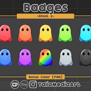 Könnte beinhalten: Satz von zehn Geister-förmigen Abzeichen in verschiedenen Farben, darunter Rot, Orange, Gelb, Grün, Blau, Lila, Regenbogen, Grau und Schwarz. Der Text "Badges" und ".Ghost 2." befindet sich oben im Bild. Der Text "Bonus Color (PINK)" befindet sich unten im Bild.