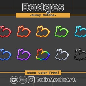 May include: A set of 10 colourful bunny outline badges. The badges are in various colours, including red, orange, yellow, green, blue, purple, pink, grey, and black. The badges are all the same shape, but they have different colours. The badges are perfect for adding a touch of fun to any project.
