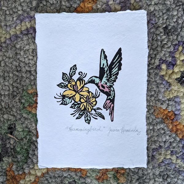 Hummingbird Lino Print/Watercolors On Watercolor Paper