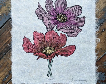 Cosmos Lino Print/Watercolors On Hemp Paper