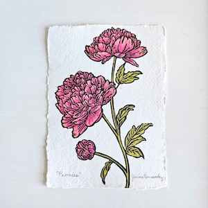 Op de afbeelding: Een handgetekende illustratie van roze pioenen met groene bladeren en stengels. Het kunstwerk is gesigneerd met "Peonies" en "Jessica Vanderley".