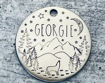 Howling Wolf Pet ID Tag - Hand Stamped Pet Tag - Custom Pet Tag - Personalized Pet Tag - Dog ID Tag - Pet Accessories