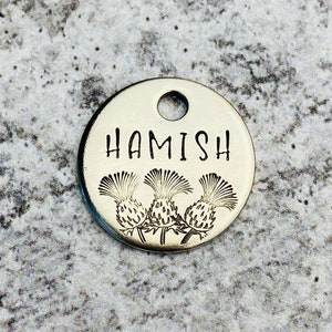 Small Pet ID Tag Personalized Pet Tag Hand Stamped Pet Tag Custom Pet Tag Dog ID Tag Cat ID Tag Scottish Thistle Pet Tag image 1